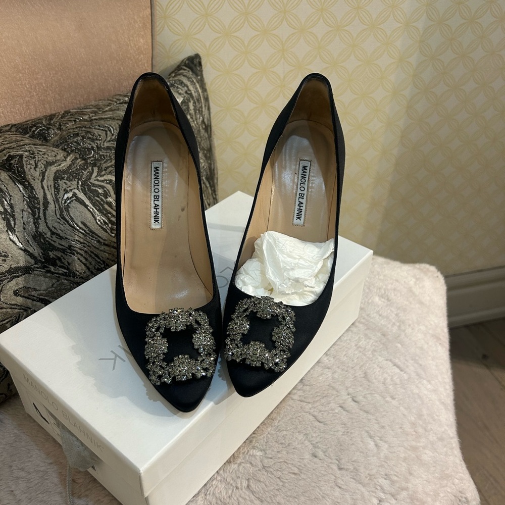 Manolo Blahnik Black Satin Pointed Toe Pumps with Crystal Buckles - Picture 1 of 5